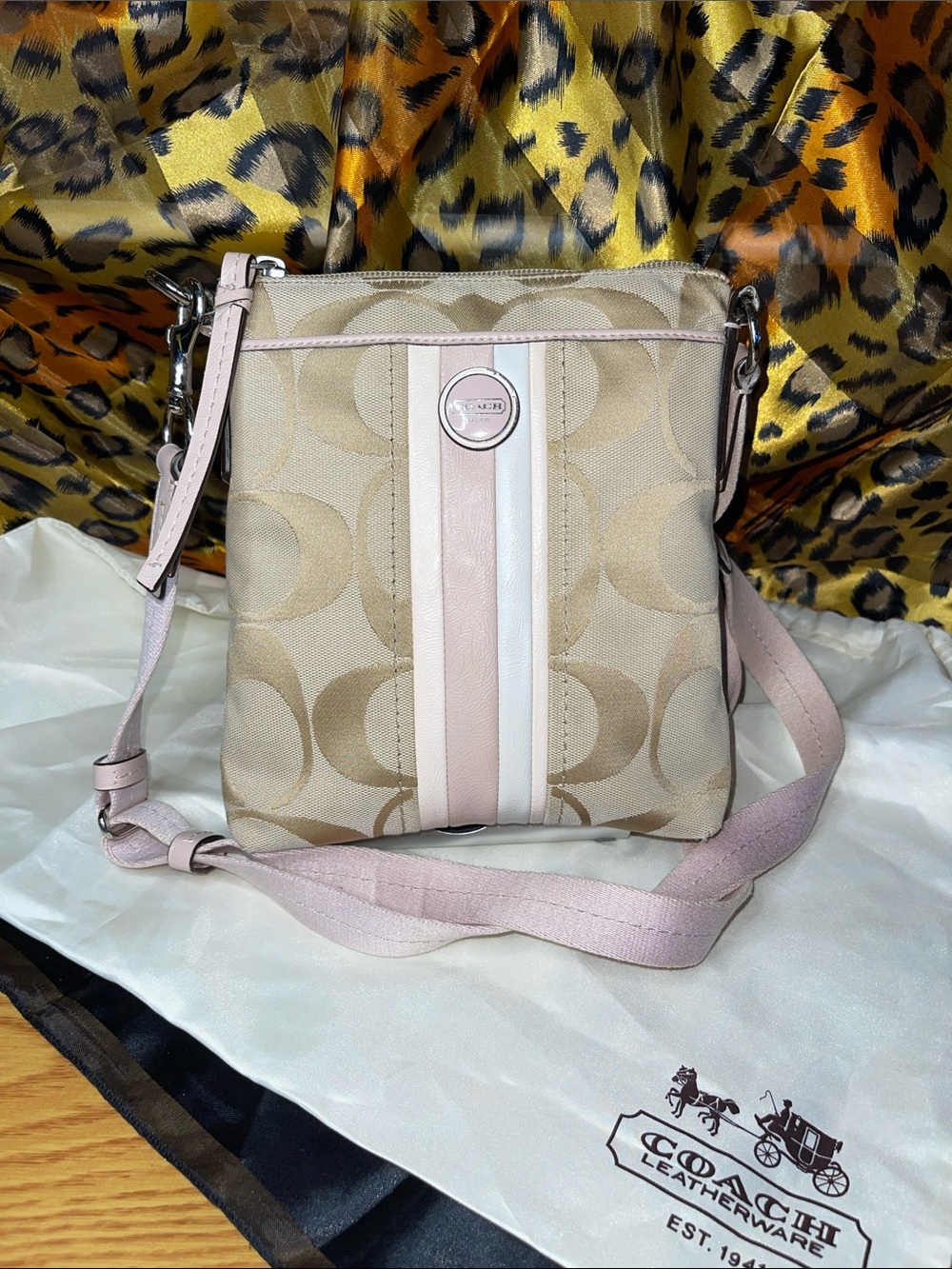 Coach Beige Signature Crossbody with Pink and White Stripes